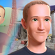 Mark Zuckerberg in Horizon Worlds, with an older version standing in front of the Eiffel Tower and a newer version showing off better in-game graphics.